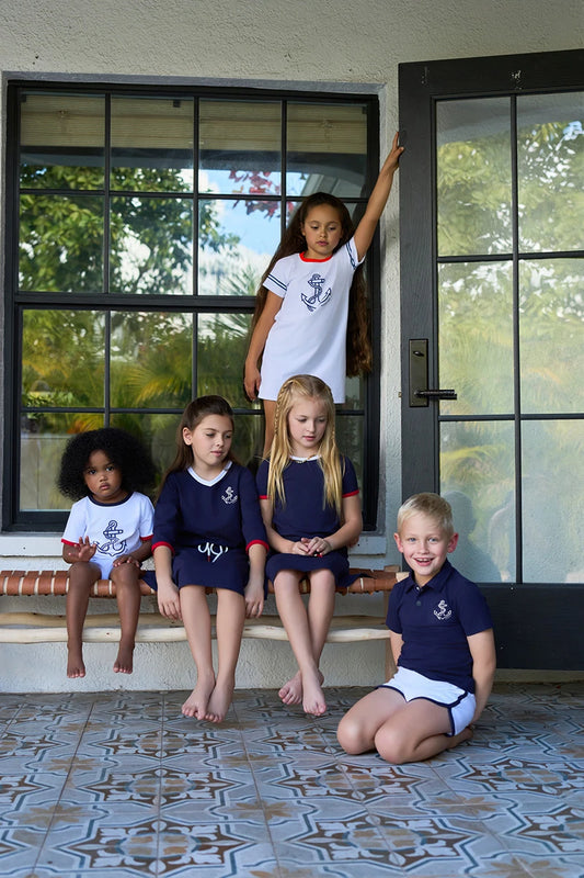 Nautical Kids Outfits with Anchor Motifs, Navy and White Girls Dresses, Boys T-Shirts and Polo Tops, Baby Sets for Summer Sibling Looks