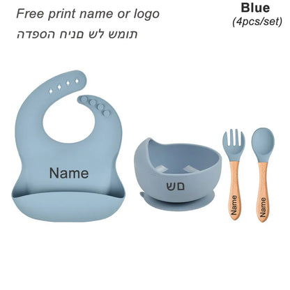Personalized Baby Feeding Set with Silicone Suction Plate, Bowl, Spoon and Fork, 4-Piece or 6-Piece Tableware Options for Supervised Mealtimes