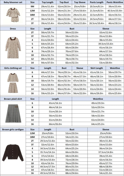 Brown Floral Sibling Matching Outfits with Cotton Girls Dresses and Baby Bloomer Sets, Coordinating Cardigans and Plaid Boys Pants or Overall Shorts