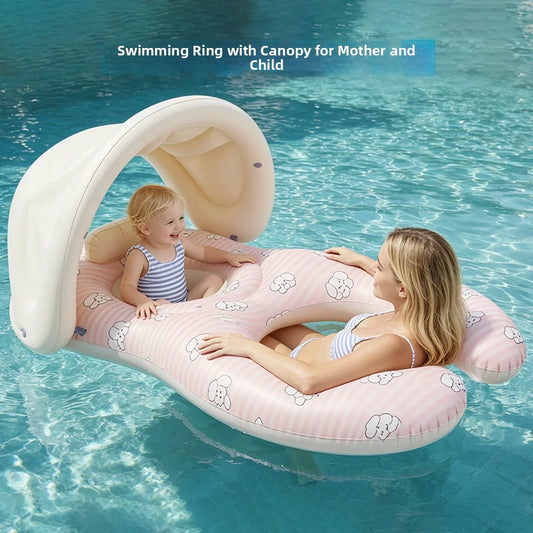 Parent-Child Double-Seat Inflatable Pool Float with Sun Canopy, Two-Seat Swim Ring for Supervised Family Water Play, WDF0752 or WDF0753