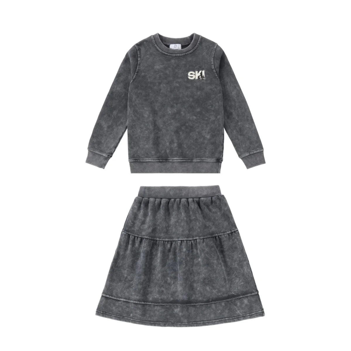 Kids Ski Graphic Cotton Outfits in Ecru, Hunter Green and Acid Wash Grey, Coordinating Sweatshirts, Dresses and Baby Sets for Sibling Matching Looks