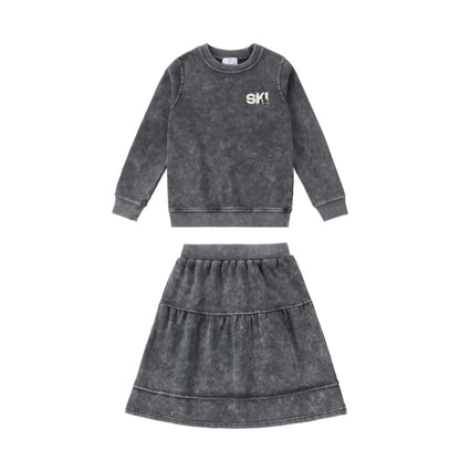 Kids Ski Graphic Cotton Outfits in Ecru, Hunter Green and Acid Wash Grey, Coordinating Sweatshirts, Dresses and Baby Sets for Sibling Matching Looks