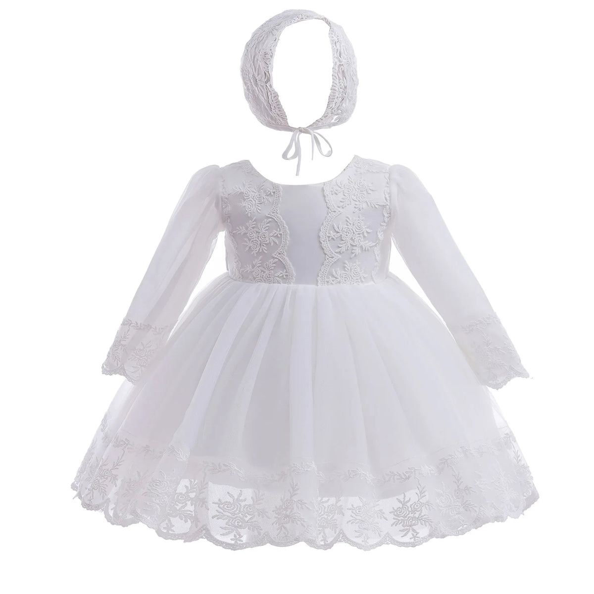 Baby Baptism Gown for Girls with Long Sleeves, Lace Details and Cotton Lining, Dress and Cap Set for Christening and First Birthday Photos
