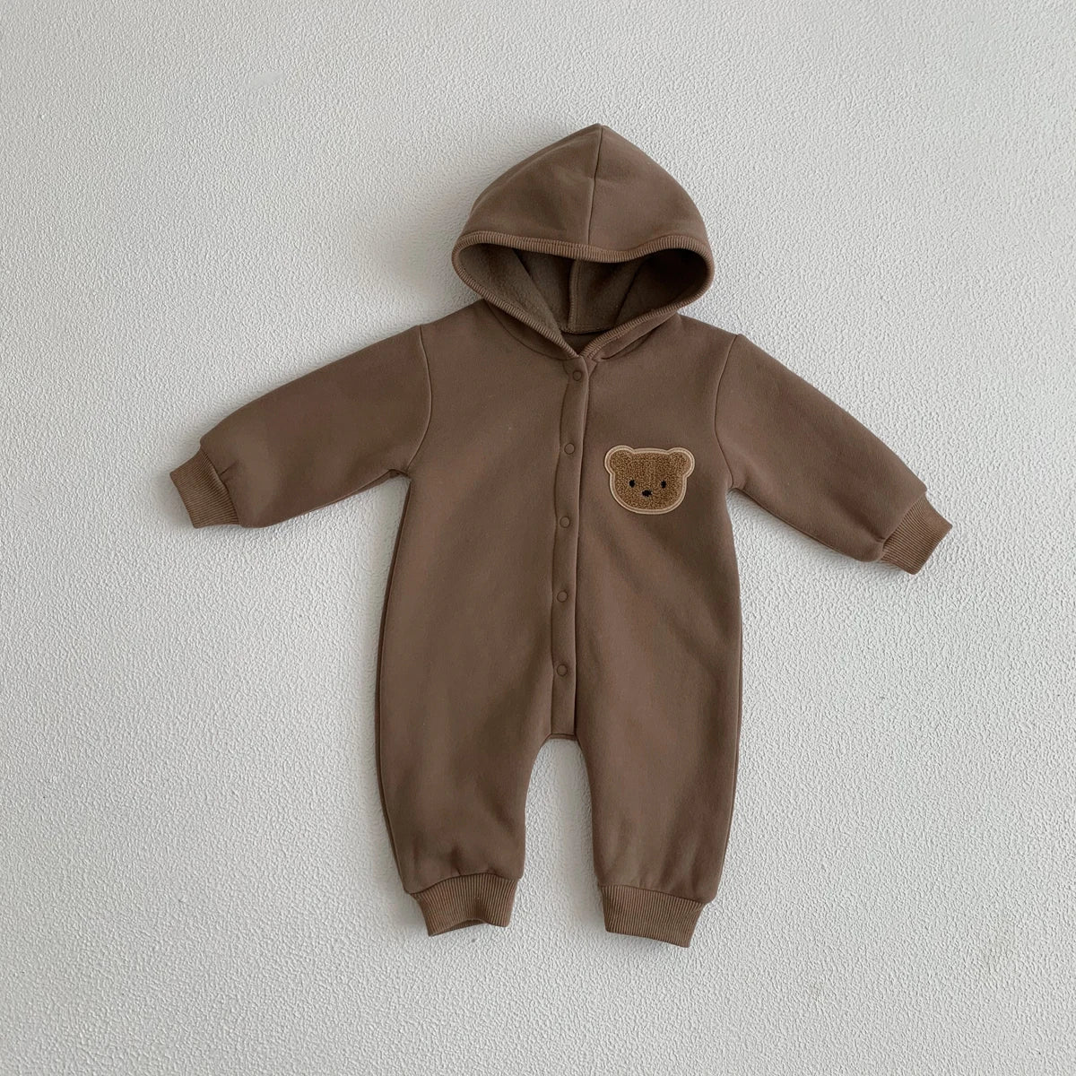 Baby Hooded Snap Front Jumpsuit with Bear Patch, Long Sleeve One-Piece Outfit in Coffee or Beige for Boys and Girls, Sizes 3M-18M