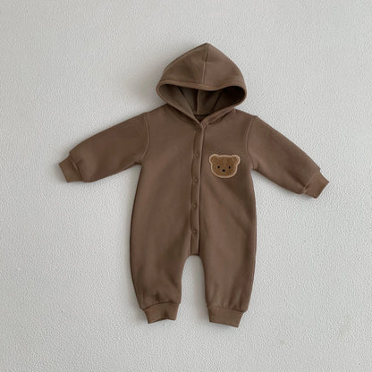 Baby Hooded Snap Front Jumpsuit with Bear Patch, Long Sleeve One-Piece Outfit in Coffee or Beige for Boys and Girls, Sizes 3M-18M