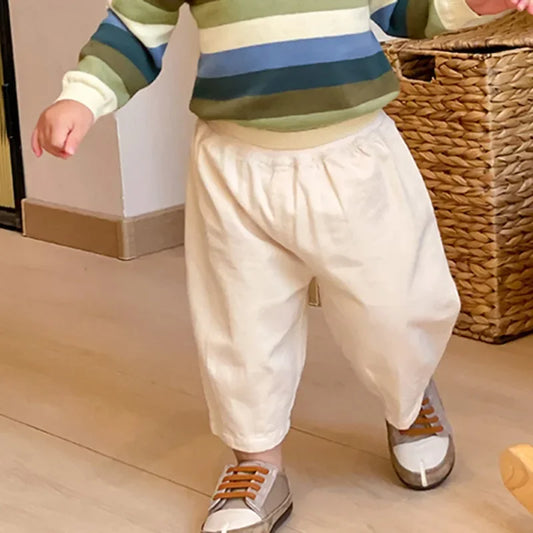 Toddler Pull-On Pants with Elastic Waist and Back Pocket, Solid Color Loose Ankle-Length Trousers for Boys and Girls, Sizes 12M-5T