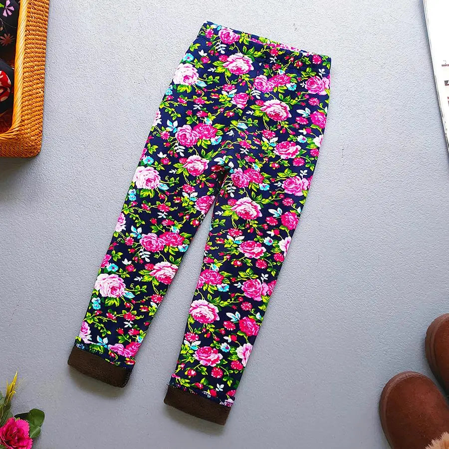 Printed Lined Leggings for Girls, Plush-Textured Winter Pants with Floral Heart and Pattern Options for Toddler and Kids Outfits, Sizes 2-3T to 10-11