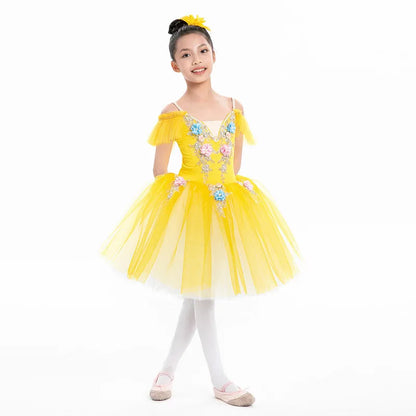 Floral Girls Ballet Tutu Dress with Ruffled Shoulders and Layered Skirt for Dance Recitals, Stage Performances and Group Costumes, Sizes 110-160
