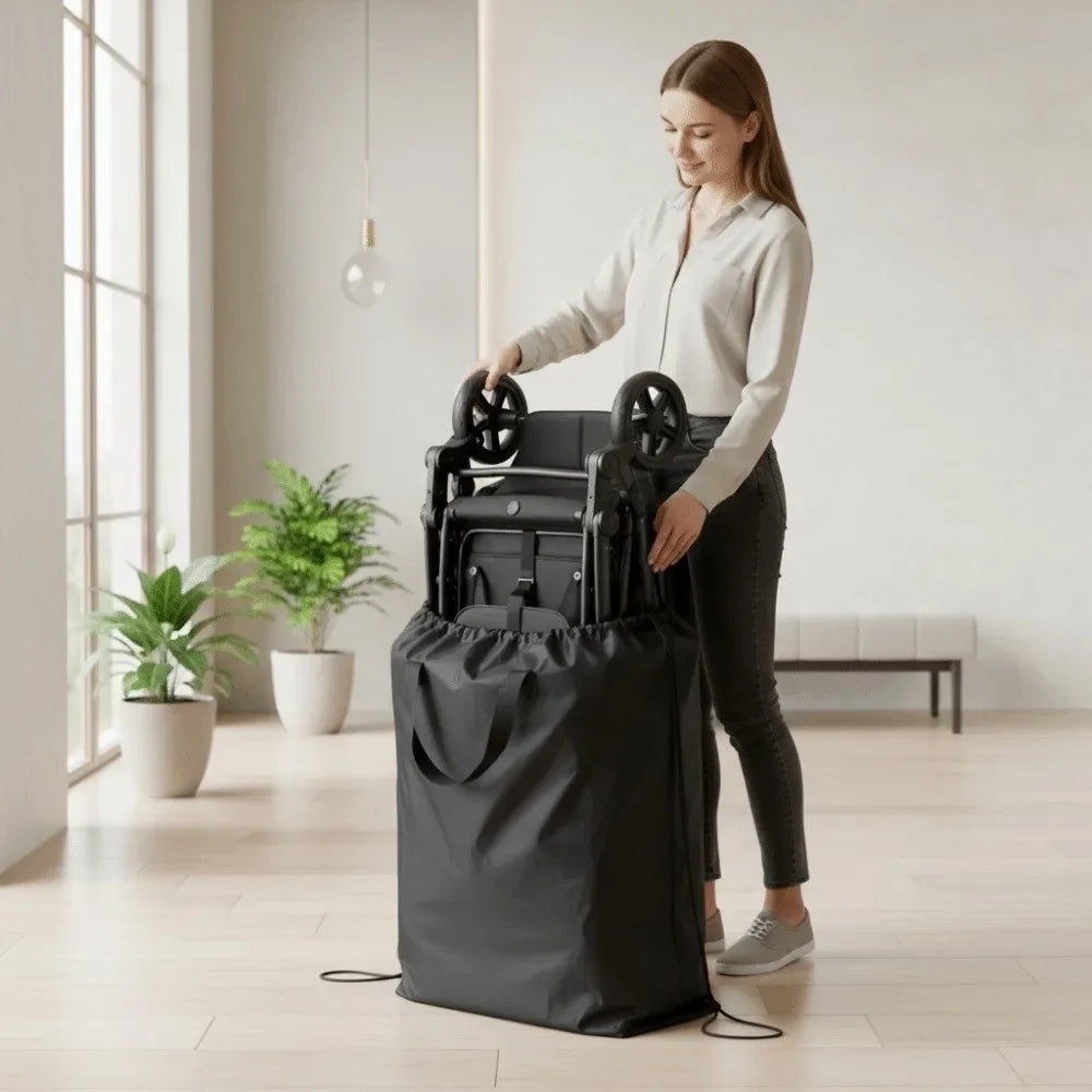 Stroller Gate Check Bag in Black Oxford Cloth with Drawstring Closure and Carry Handles, Foldable Travel Storage Cover for Compact Strollers