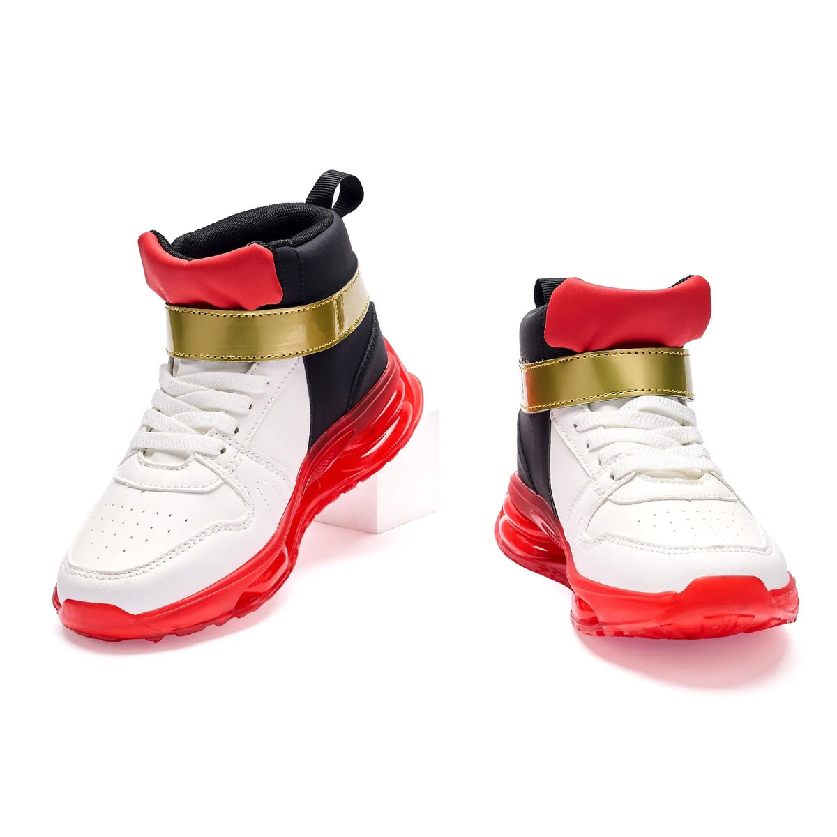 Shadow-Inspired High-Top Sneakers with Red Soles, White and Black Panels and Gold Strap Detail for Kids, Teens and Adult Casual Outfits