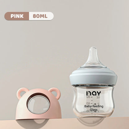 Glass Baby Feeding Bottle, Borosilicate Milk Bottle with Silicone Nipple and Bottom Air Return Valve, 80 mL, 160 mL and 240 mL Infant Options