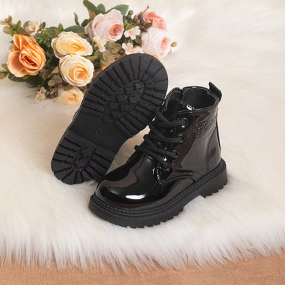 Kids PU Leather Combat Ankle Boots with Lace-Up Front, Side Zipper and Black Chunky Soles, Boys and Girls Fall Winter Shoes in Sizes 21-30