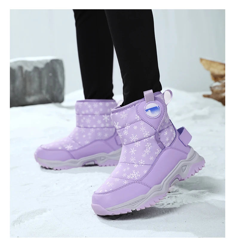 Snowflake Print Kids Winter Boots with Padded Shafts, Pull Tabs and Chunky Tread Soles, Pink Snow-Style Footwear for Boys and Girls