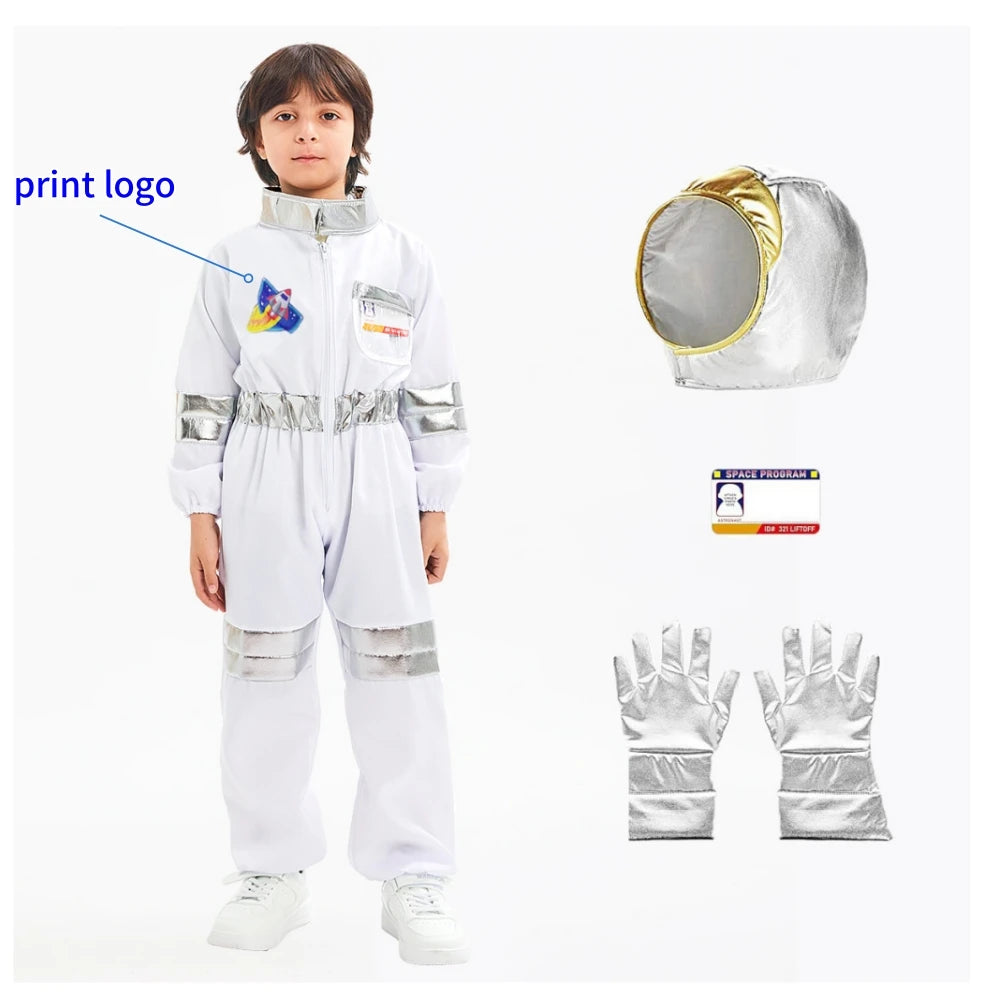 Space Explorer Costume for Kids with White Astronaut Jumpsuit, Space-Themed Patches and Metallic Trim Options for Halloween and Birthday Parties