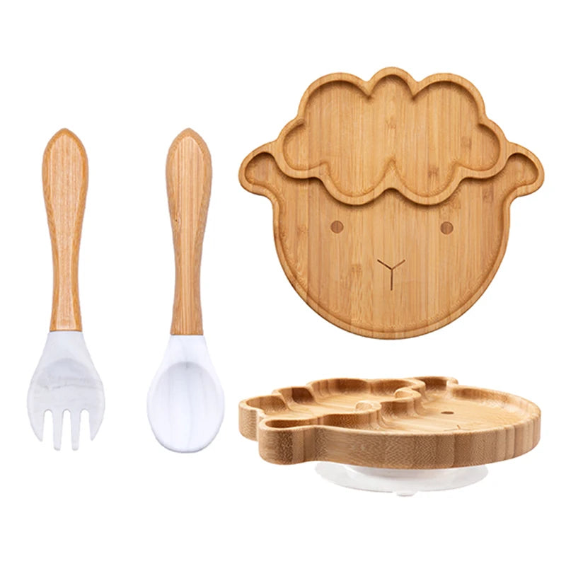 Baby Bamboo Suction Plate Set with Wooden-Handle Spoon and Fork, 3-Piece Cartoon Dinnerware with Divided Elephant Design for Toddler Meals