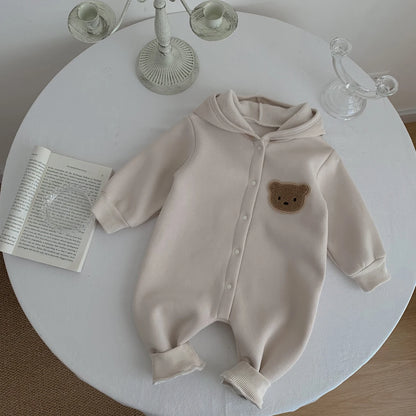 Baby Hooded Snap Front Jumpsuit with Bear Patch, Long Sleeve One-Piece Outfit in Coffee or Beige for Boys and Girls, Sizes 3M-18M