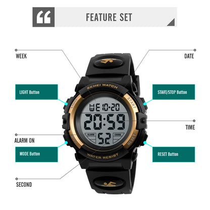 Kids Digital Sports Watch, SKMEI LED Chronograph Wristwatch with 5Bar Water Resistance, Round Display and PVC Buckle Strap for Boys and Girls
