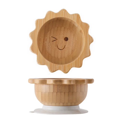 Bamboo Baby Suction Bowl and Tableware Options, Sun, Cloud and Dinosaur Designs with Single-Piece or 3-Piece Wooden-Handle Utensil Sets