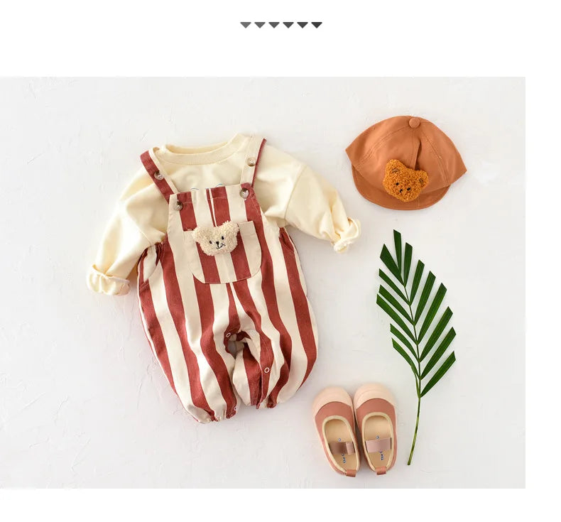 Baby Bear Patch Overalls with Red Stripe or Beige MINI Print, Button Shoulder Straps and Snap Legs, Loose-Fit Infant Jumpsuit for Boys and Girls