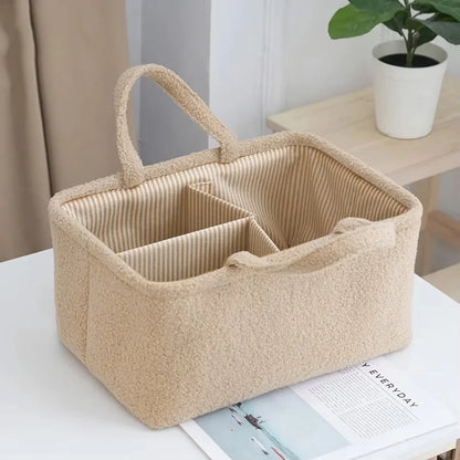 Striped-Lining Diaper Caddy with Plush-Textured Exterior, Three Compartments and Carry Handles for Nursery Supplies and Baby Bottle Storage
