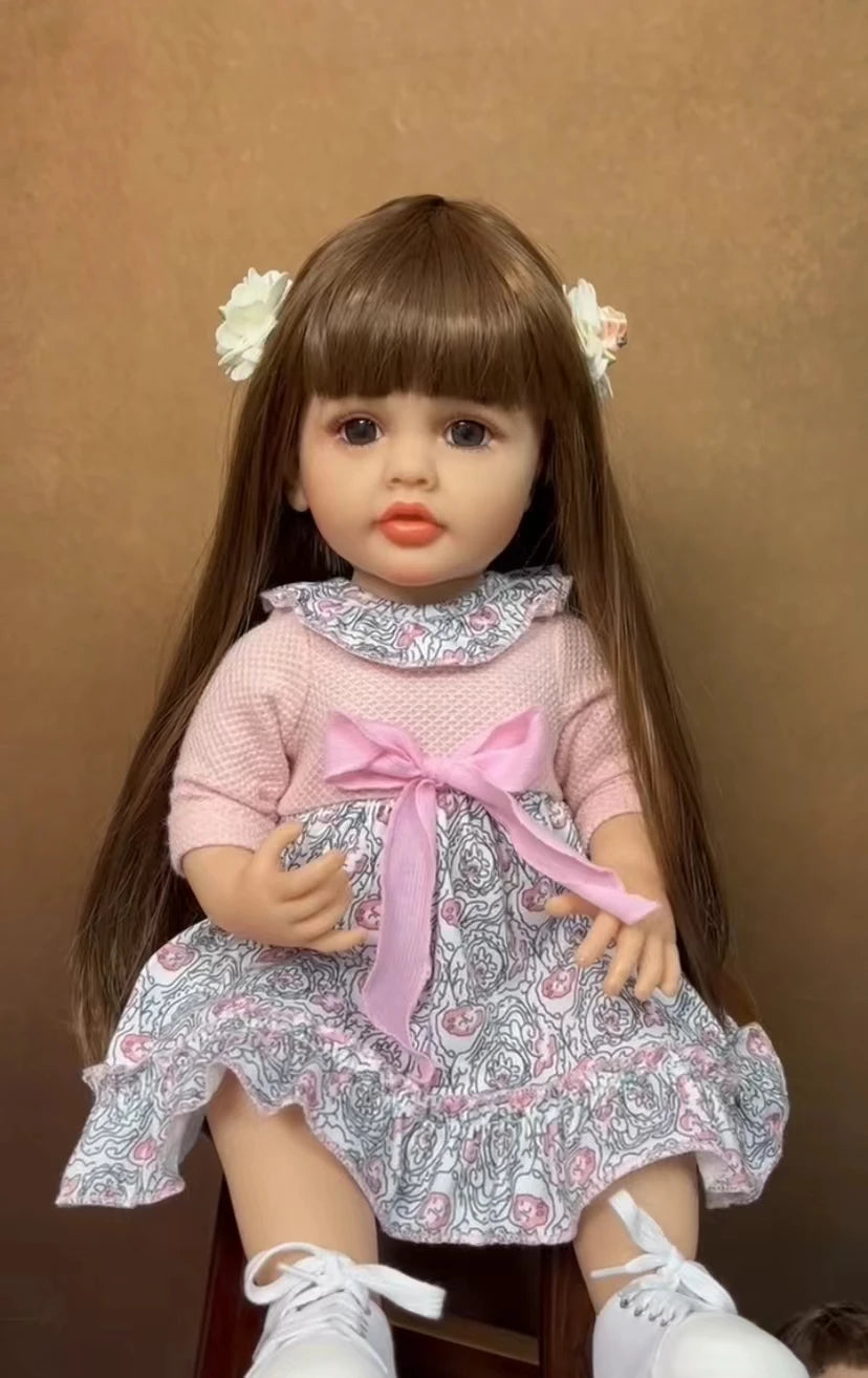 Long Hair Reborn Girl Doll with Fixed Acrylic Eyes, 20 Inch Toddler-Style Doll with Movable Limbs, Clothes, Magnetic Pacifier and Bottle