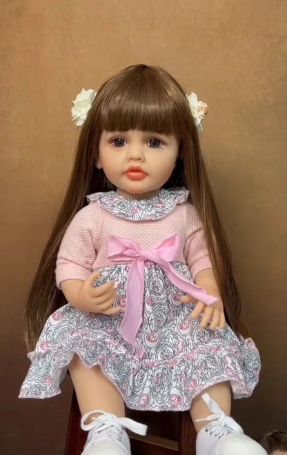 Long Hair Reborn Girl Doll with Fixed Acrylic Eyes, 20 Inch Toddler-Style Doll with Movable Limbs, Clothes, Magnetic Pacifier and Bottle