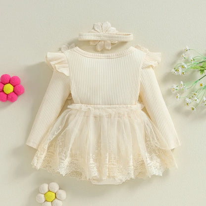 Baby Girl Romper Dress and Headband Set with 3D Flowers, Bow and Mesh Skirt, Long Sleeve Ribbed Cotton-Blend Outfit in Five Colors, 3M-18M