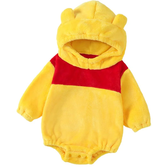 Yellow Bear Baby Costume Romper, Plush Hooded Long Sleeve Bodysuit with Rounded Ears, Red Chest Panel and Bottom Snaps for Halloween Photos