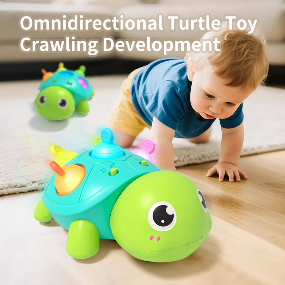 Crawling Turtle Toy with Lights and Sound, Colorful Press-and-Pop Shell Activity Toy for Supervised Baby Floor Play and Gift Giving