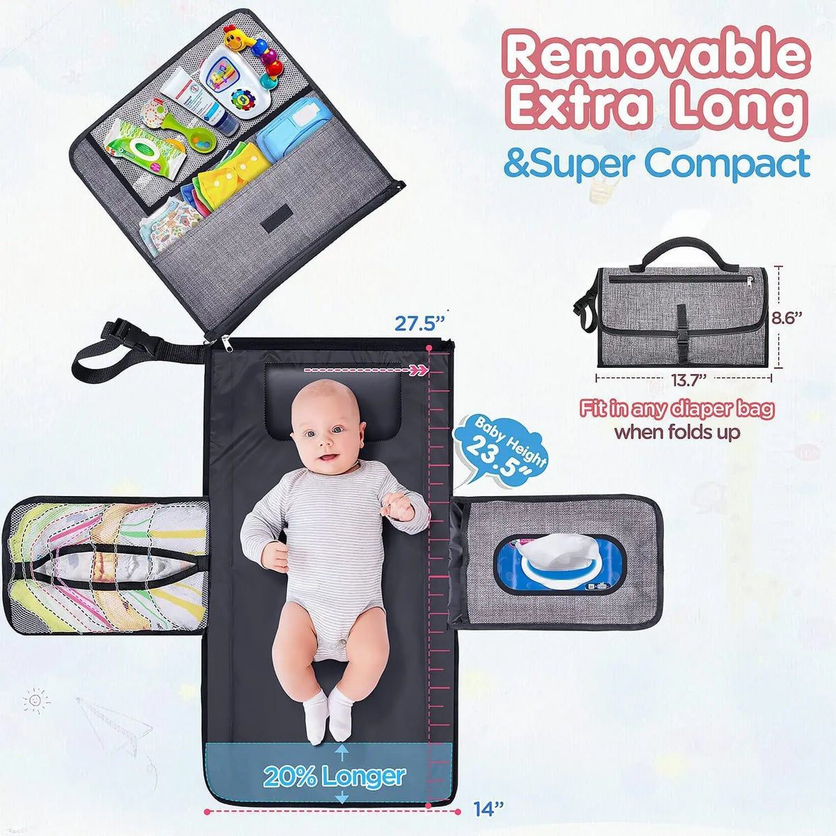 Diaper Changing Clutch with Foldout Baby Mat and Storage Pockets, 3-in-1 Portable Waterproof Changing Pad for Everyday Outings