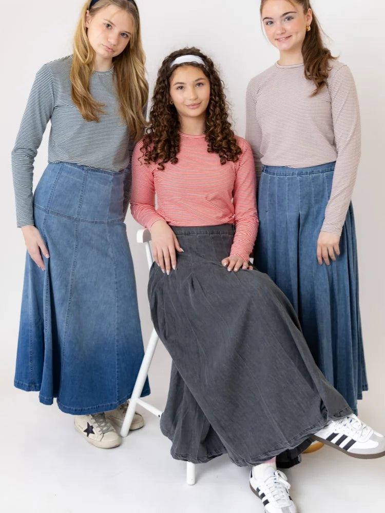 Denim Panel Pleated Skirt for Girls, Teens and Women, Washed Blue and Gray Cotton Styles with Black Jersey Option for Everyday Casual Outfits