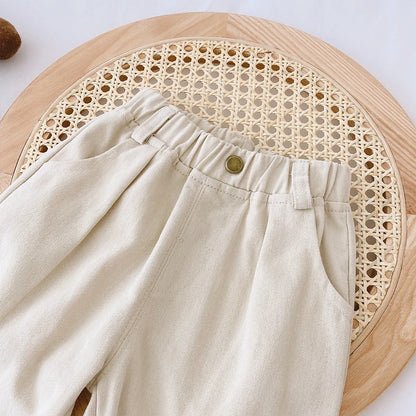 Toddler Cotton Canvas Pants with Elastic Waist and Side Pockets, Unisex Beige or Dark Gray Casual Trousers for Spring and Fall, Sizes 12M-6T