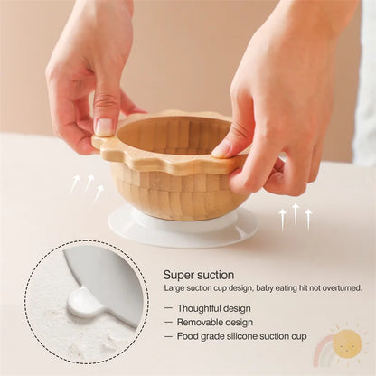 Bamboo Baby Suction Bowl and Tableware Options, Sun, Cloud and Dinosaur Designs with Single-Piece or 3-Piece Wooden-Handle Utensil Sets