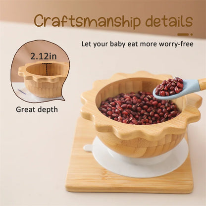 Bamboo Baby Suction Bowl and Tableware Options, Sun, Cloud and Dinosaur Designs with Single-Piece or 3-Piece Wooden-Handle Utensil Sets