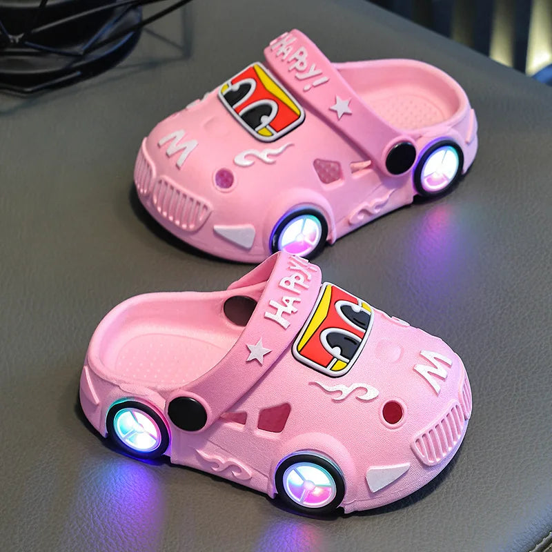 Kids Light-Up Car Clogs with Glowing Wheel Details, Ventilated Closed-Toe Design and Pivoting Heel Strap for Playful Summer Casual Outfits