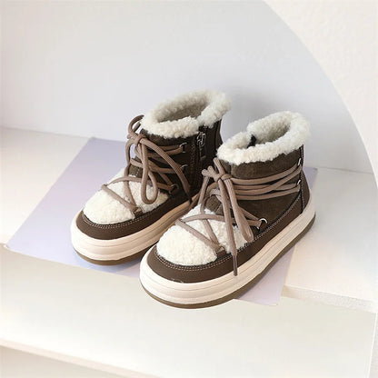 Toddler Fuzzy Trim Ankle Boots with Lace-Up Front and Side Zippers, Plush Winter Styling and Rubber Soles for Boys and Girls, Sizes 21–30