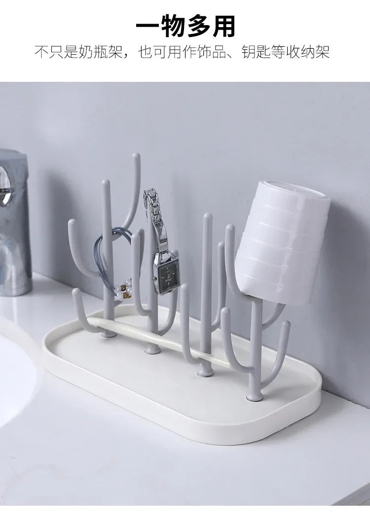 Detachable Baby Bottle Drying Rack with Branch Holders and Water Catch Tray, ABS and PP Countertop Drainer for Bottles and Feeding Accessories