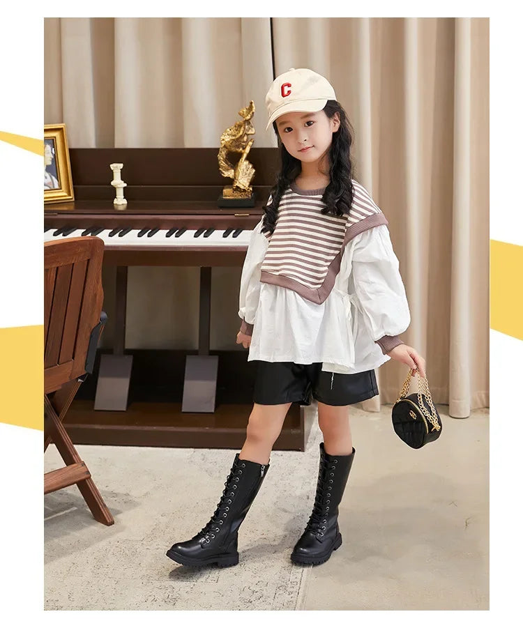 Lace-Up Knee-High Boots for Girls with Side Zippers and Chunky Soles, Black or Beige Motorcycle-Inspired Tall Fashion Shoes, Sizes 27–37