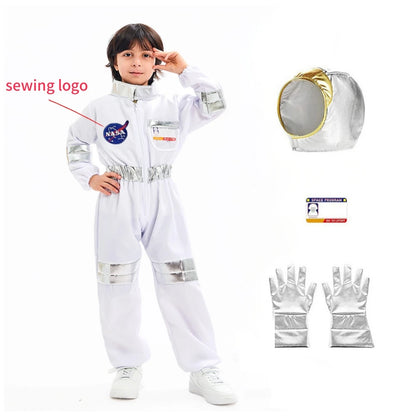 Space Explorer Costume for Kids with White Astronaut Jumpsuit, Space-Themed Patches and Metallic Trim Options for Halloween and Birthday Parties