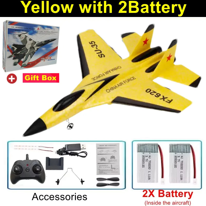 RC Airplane SU35 Fighter, Oike EPP Foam Plane with 2.4 GHz Control, Gyroscope and LED Lights for Outdoor Flying, One or Two Battery Options