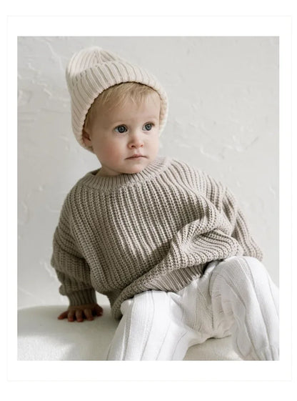 Cotton Crewneck Baby Sweater for Boys and Girls, Long Sleeve Ribbed Knit Pullover for Infants and Kids, Everyday Cool Weather Layering