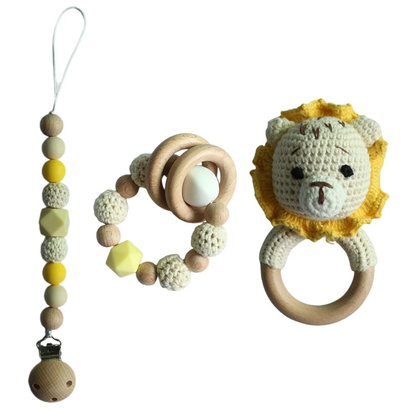 Crochet Animal Rattle Set with Wooden Ring and Coordinating Accessories, Rabbit, Deer and More Designs for Supervised Play and Baby Shower Gifts