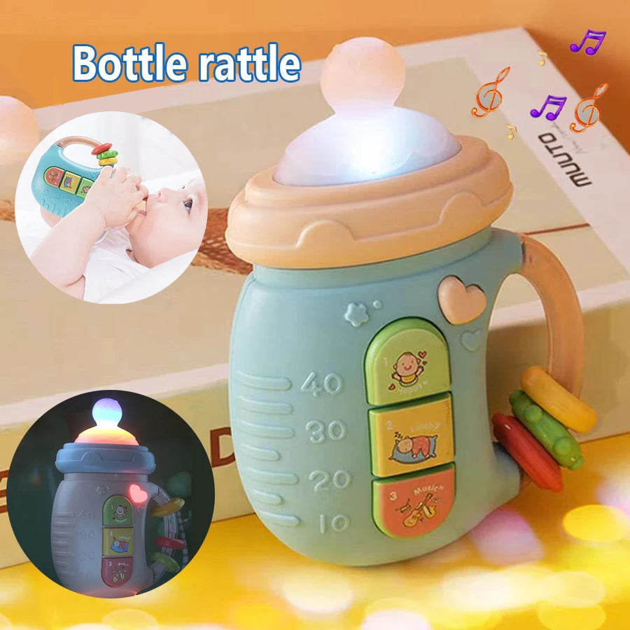 Bottle-Shaped Musical Baby Rattle with Light-Up Top, Three Picture Buttons and Colorful Handle Rings for Supervised Sensory Play and Gifts