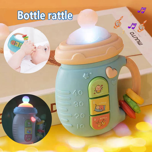 Bottle-Shaped Musical Baby Rattle with Light-Up Top, Three Picture Buttons and Colorful Handle Rings for Supervised Sensory Play and Gifts