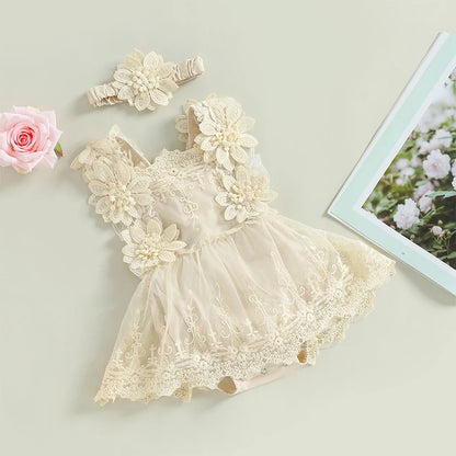 Floral Lace Baby Romper Dress with Matching Headband, Raised Flower Bodice and Sleeveless Square Neck for Parties and Milestone Photos, 0-18 Months