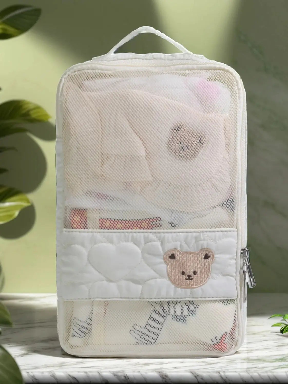 Diaper Organizer Bag with Mesh Front and White Bear Detail, Portable Zip Pouch for Baby Clothes, Changing Essentials and Family Travel