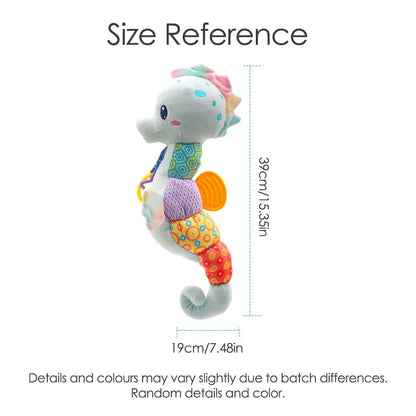 Plush Seahorse Baby Rattle with Crinkle Sounds, Colorful Patterned Panels and Soft Animal Design for Supervised Sensory Play and Baby Shower Gifts