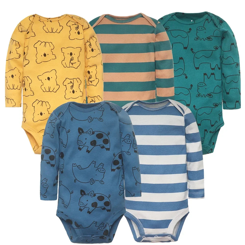 Baby Long Sleeve Bodysuits 5-Pack in Cotton, Everyday One-Piece Clothing Set for Infant Boys and Girls in 6 to 24 Month Sizes