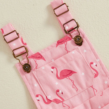 Girls Flamingo Denim Short Overalls in Pink with Adjustable Straps, Bib Pocket and Rolled Hems for Summer Outings, Birthdays and Photos