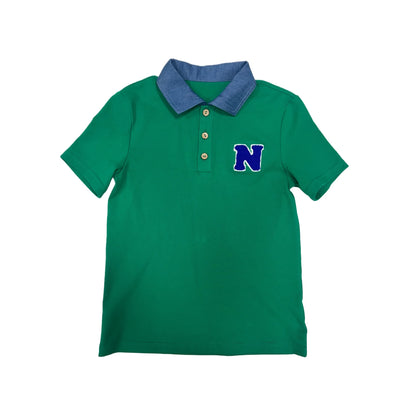 Green Polo Kids Outfits with Navy Letter Patch, Coordinating Girls Dresses, Boys Shirts and Shorts and Baby Girl Set Styles for Family Photos